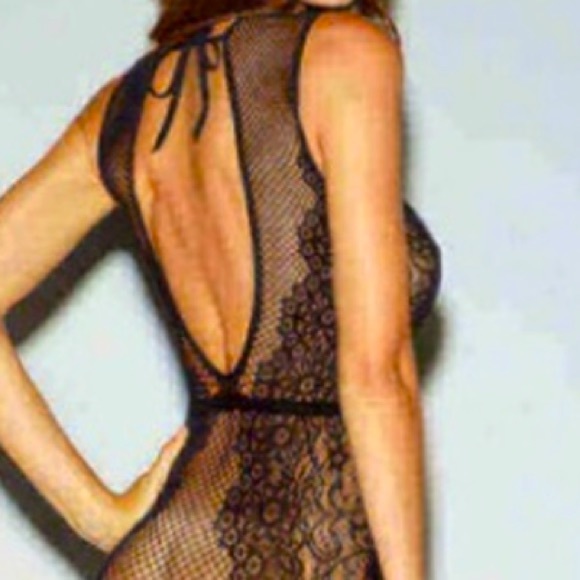 💗Sexy Backless Sheer Floral Print W/Neck Tie Open Back Black Bodystocking - Picture 5 of 5